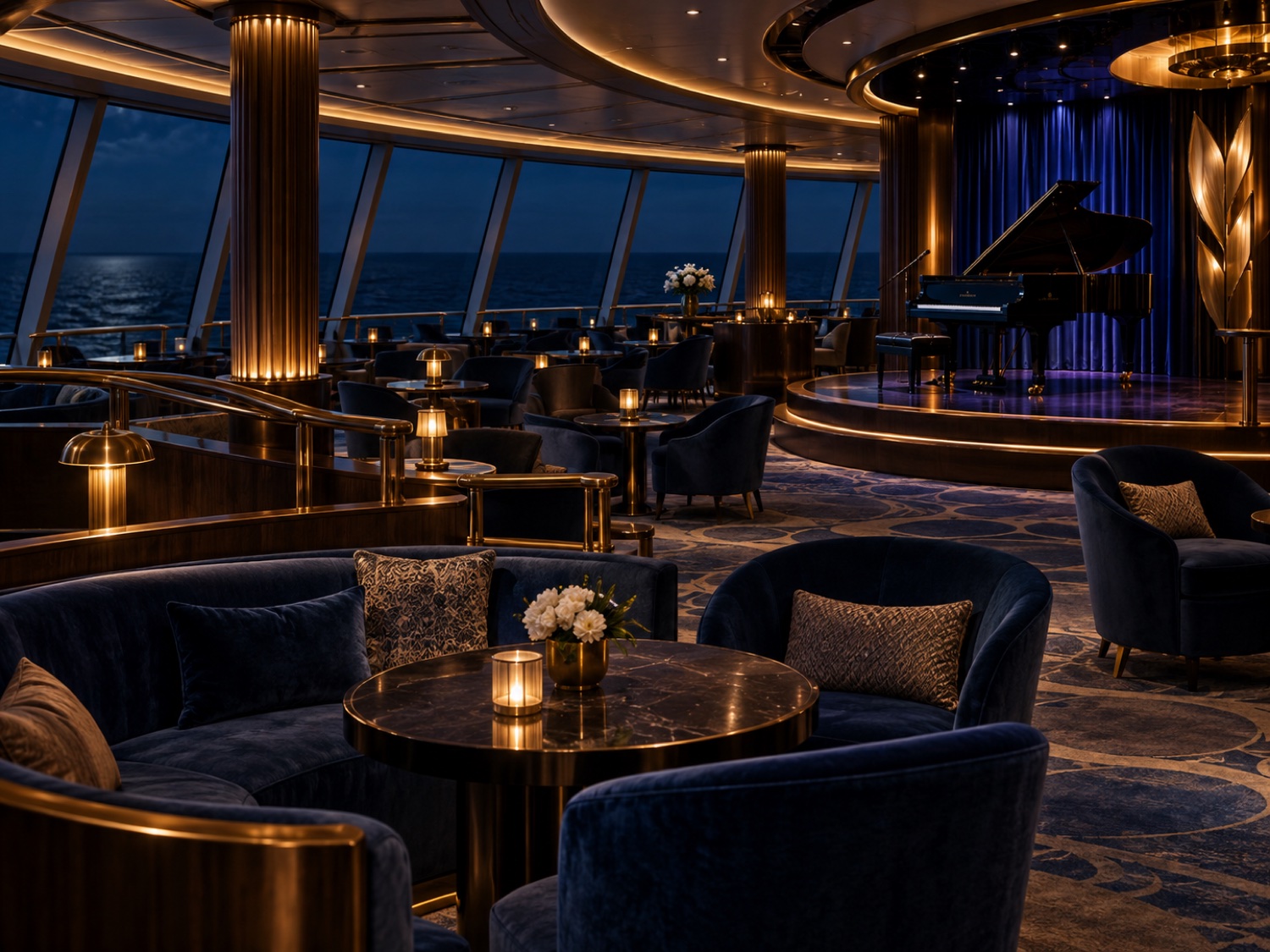 Deep-blue evening lounge with brass details, intimate seating and a grand piano at sea