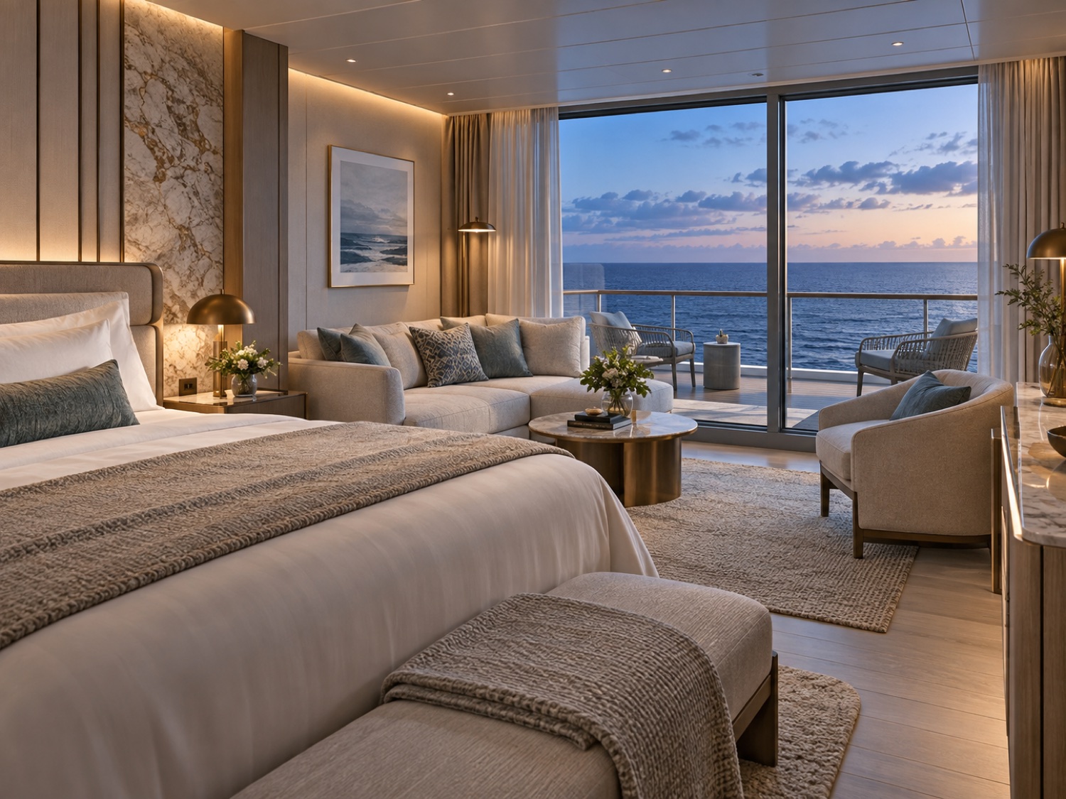 Contemporary ocean suite with natural materials, panoramic windows and a private terrace